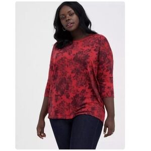 Torrid Red Black Floral Relaxed Feather Soft Slub Crew Neck Drop Shoulder Tee 5X